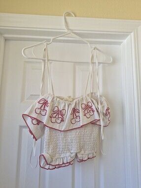 White Cherry Embroidered Ruffle Crop Top